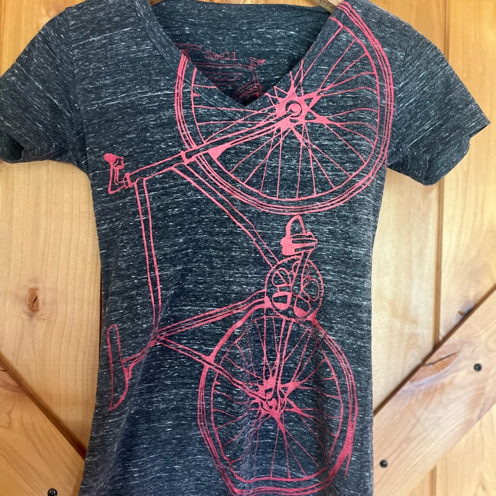 Fitted Heather Gray Tee with Pink Bicycle Design